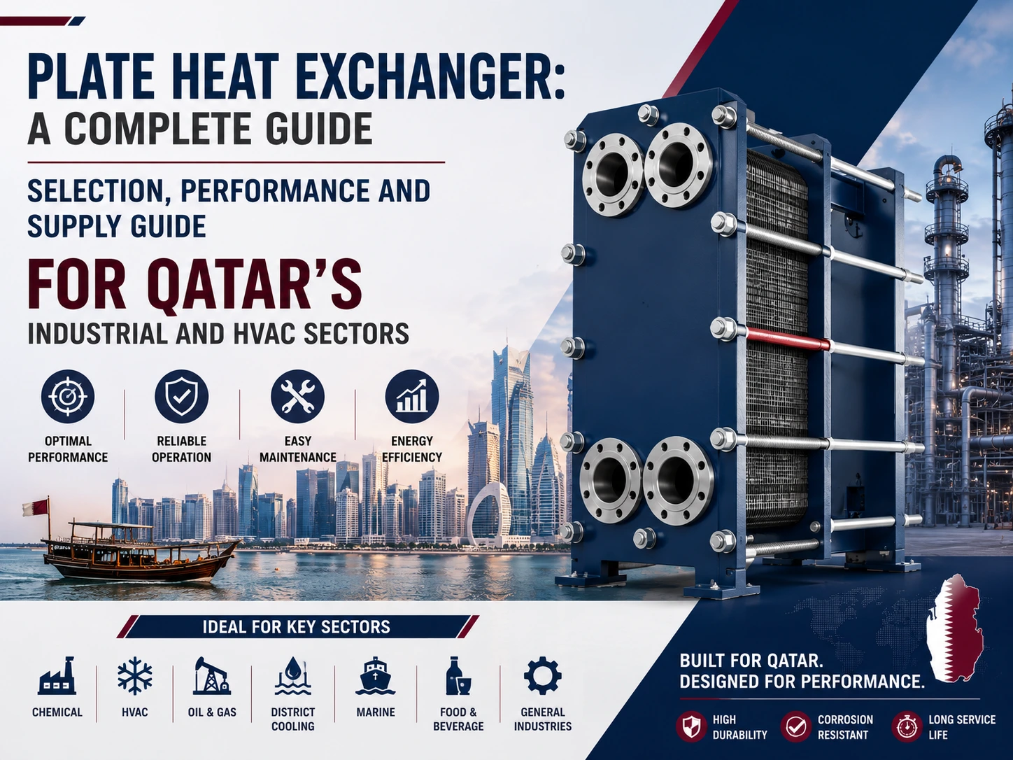 Industrial plate heat exchanger used in Qatar HVAC, district cooling, LNG, desalination and process industries.